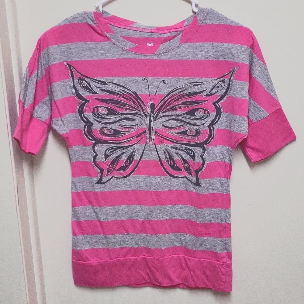 Green Soda Gray and Pink Stripe Elbow Sleeve Shirt with Silver & Black Butterfly